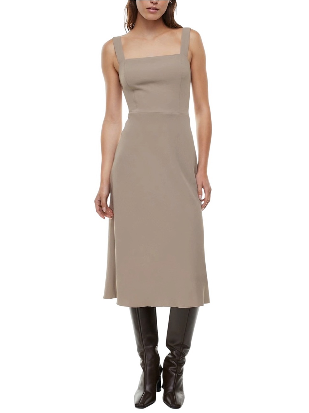 Aritzia Wilfred Aperature Squareneck Midi Dress Nomad Taupe Crepe Sz 12
